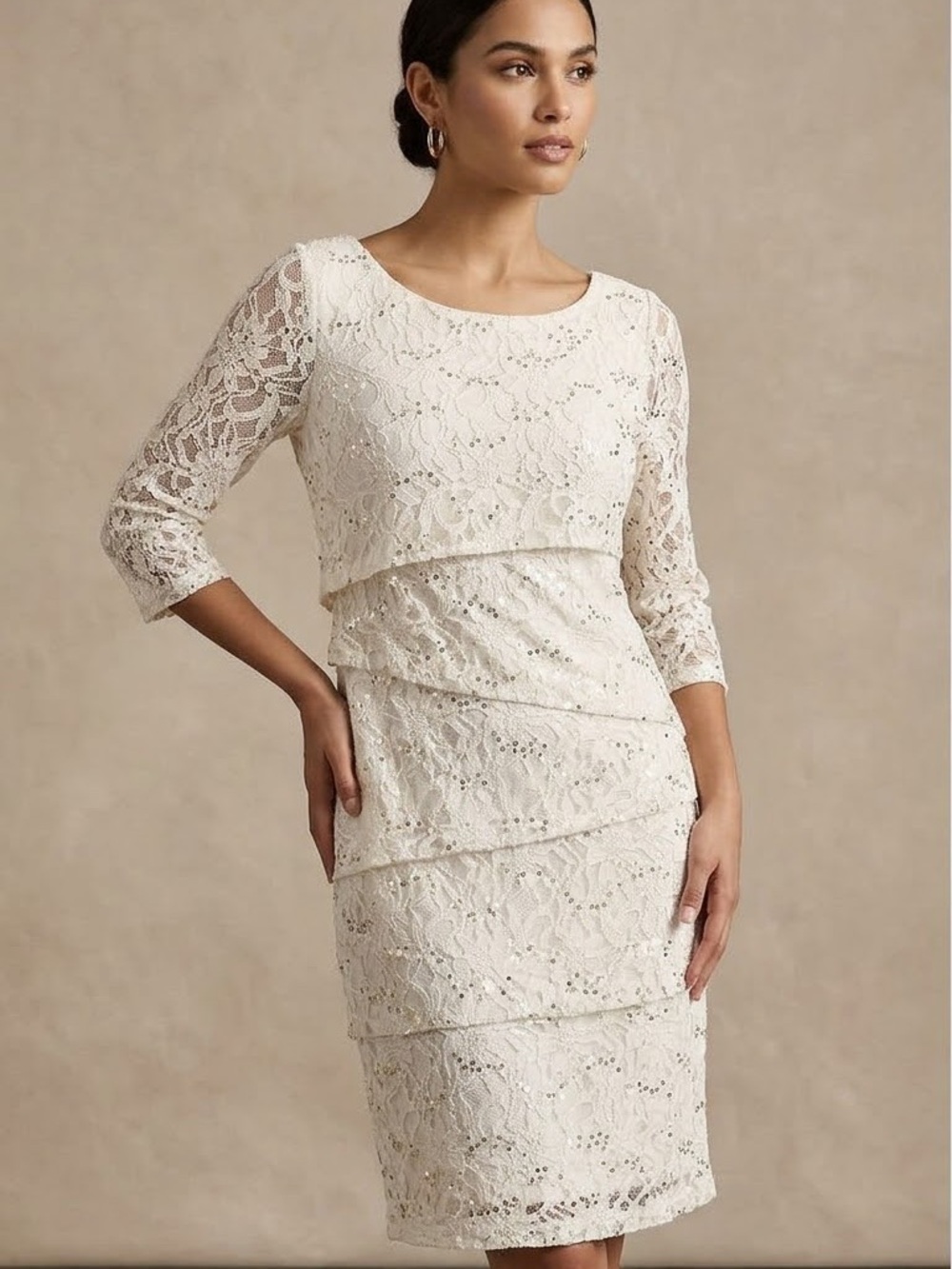 Ronni Nicole Cream Lace Sequin Long Sleeve Sheath Dress